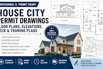 design house city permit drawings, floor plans, elevations, deck and framing