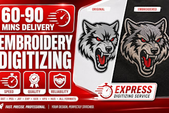 do urgent embroidery digitizing into dst pes emb in 60 to 90 minutes