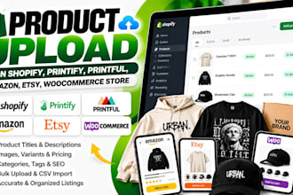 upload products on shopify, printify, printful, amazon, etsy, woocommerce store
