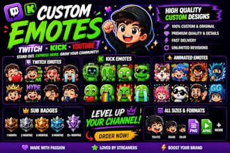 design custom twitch emotes, kick emotes, sub badges, animated emotes
