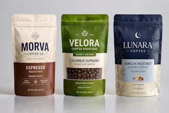design coffee packaging, coffee bag, coffee pouch and label