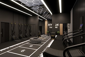 design modern gym interior,fitness studio layout, commercial render,home workout