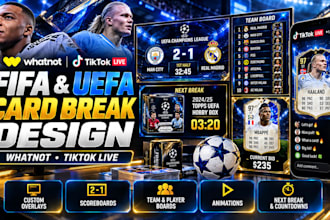 design custom FIFA and uefa card break overlays for whatnot and tiktok
