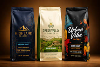 do food packaging design, coffee bag, snack packaging, pouch and product labels