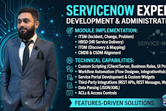 develop and configure servicenow itsm, hrsd, cmdb, and apis