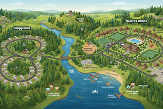 design 2d 3d vector recreational park, campground, resort and adventure maps