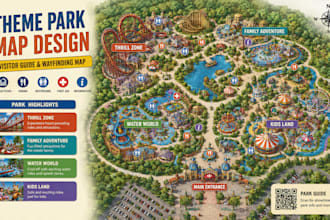 design theme park map, amusement park map, visitor guide, wayfinding map design