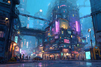 make a sci fi and cyberpunk futuristic city art illustration