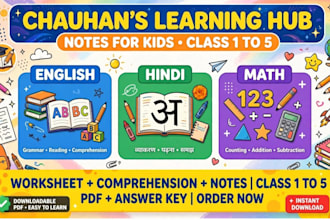 create english hindi math notes worksheet comprehension for class 1 to 5