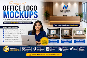 create realistic office logo mockups and branded virtual backgrounds