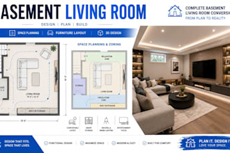 design basement living room conversion with space planning, layout and 3d design