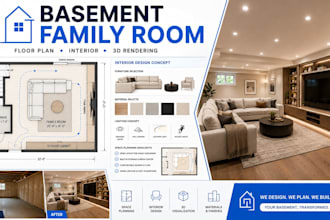 design your basement family room with floor plan, interior and 3d rendering