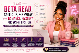 beta read, critique, and review your romance, mystery, or sci fi fiction