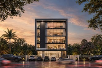 render 3d mixed use complex,store front design, cgi commercial building exterior