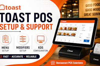 setup toast pos, restaurant menu, modifiers, kds and online