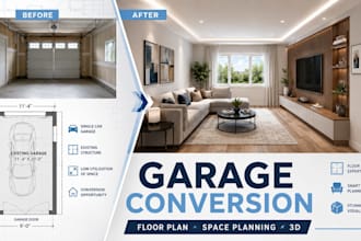 covert house garage into living room with floor plan layout and 3d rendering