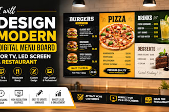design a modern digital menu board for TV, led screen and restaurant signage