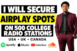 secure airplay spot for your music on 500 USA, UK, canada college radio station