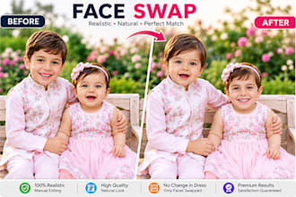 do face swap, head swap, body swap, eyes and hair replacement photo editing