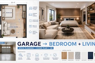 convert your garage into a bedroom layout, living room layout, kitchen layout
