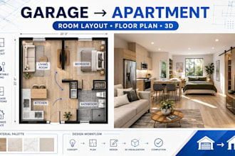 convert garage to family room, apartment with circulation and rooms layout flow