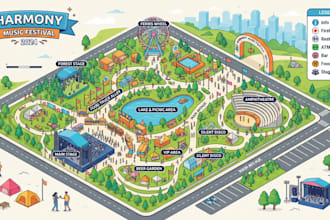 design festival map, event map, isometric map, venue map and vector map
