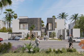 redesign middle eastern duplex villa, exterior render,carport,tropical landscape