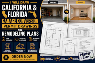 draw california and florida garage conversion permit drawings, remodeling plans