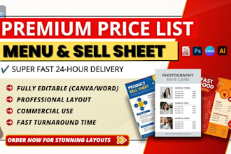 design editable price table list, price guide photography, sell sheet, rate card