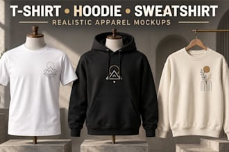 create realistic t shirt hoodie and sweatshirt mockups