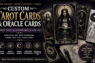 design custom tarot cards, oracle cards, tarot deck illustrations, line art