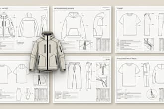 design production ready fashion clothing tech pack, and apparel technical sketch