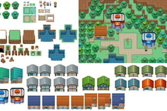 create pokémon style pixel art buildings, game assets, rpg tilesets for fan game