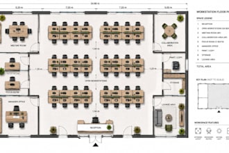 create office workstation plans with ergonomic furniture, workspace layouts