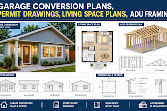 design garage conversion plans, permit drawings, living space plans, adu framing