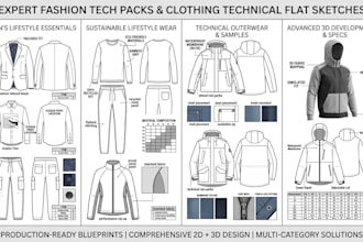 design fashion tech pack, clothing technical flat sketch and apparel tech pack