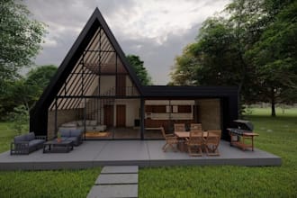 create 3d modern  interior a frame cabin, forest retreat house with patio grills