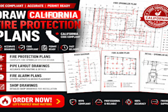 draw california fire protection plans, pipe layout fire alarm plans shop drawing