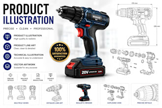 create product illustration, line art and technical illustrations