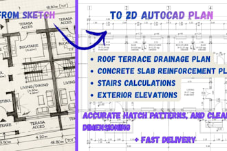 draft 2d floor plans and exterior elevations in autocad