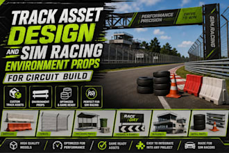 do track asset design and sim racing environment props for circuit build