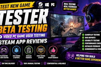 test new game tester beta testing video pc game user testing, steam app reviews