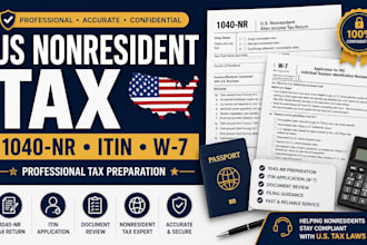 prepare US nonresident tax return 1040nr, 1120 and itin w7