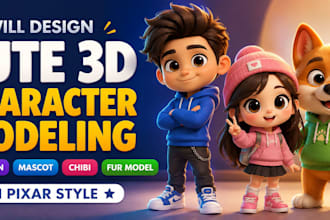 design cute 3d character modeling cartoon mascot chibi fur model in pixar style