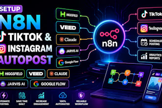 setup n8n tiktok instagram autopost higgsfield veed claude jarvis ai google flow