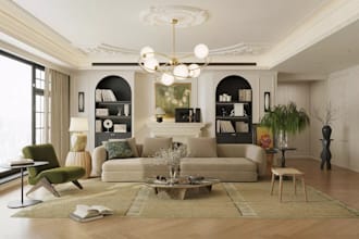 create vintage retro style french apartment with arch bookcases and boucle sofa