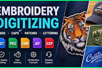 do embroidery digitizing, logo to dst pes jef in 1 hour
