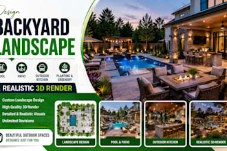 design backyard landscape, pool, patio, outdoor kitchen and realistic 3d render