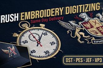 do fast rush embroidery digitizing for logo into dst pes jef vp3 in 1 hour