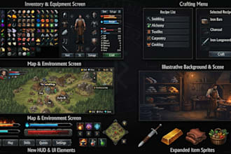 design custom 2d game assets, icons, sprites, maps, huds and UI